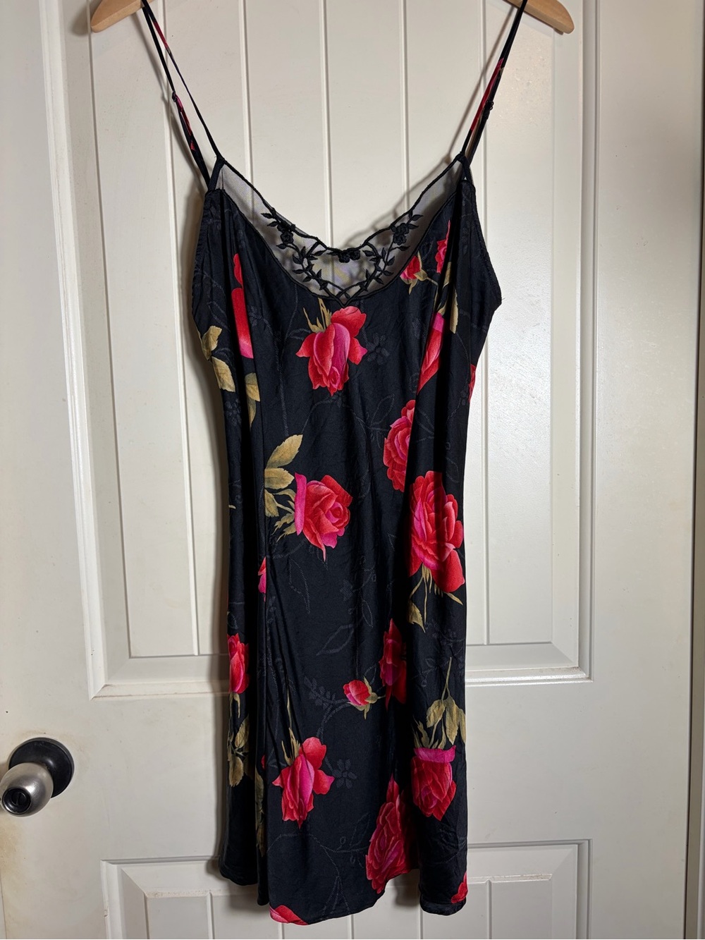 Victoria's Secret Black 100% Silk Slip with Pink & Red Rose Print
